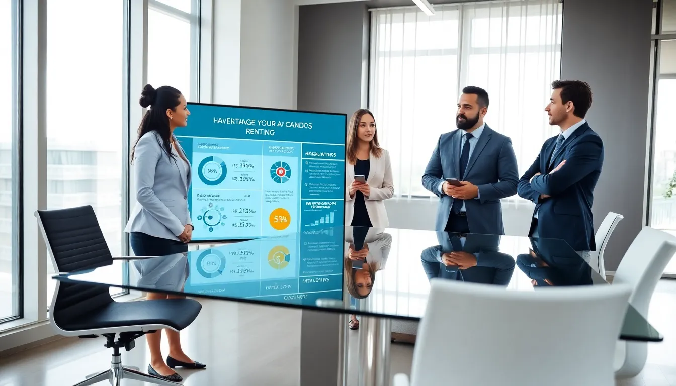 diverse professionals discussing condo ownership and rental options in an office.