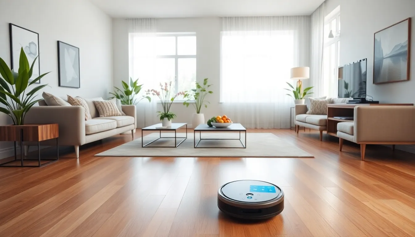 a robotic vacuum cleaning in a modern living room.