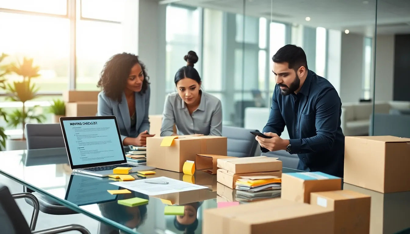 diverse team planning a moving checklist in a modern office.
