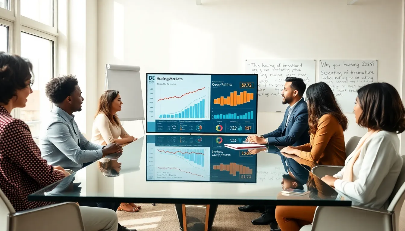 diverse team analyzing housing market trends in a modern office.