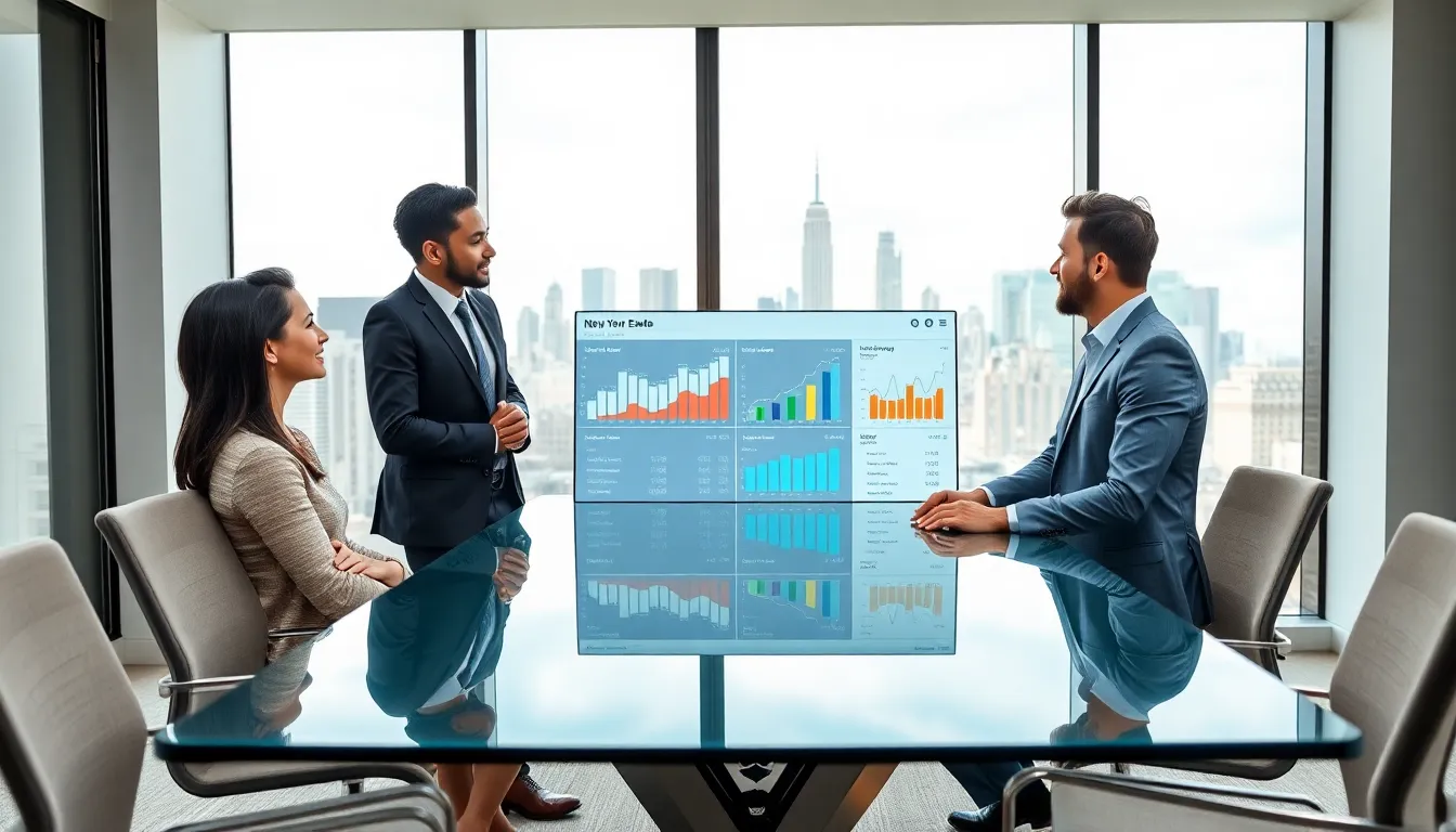 real estate consultant discussing buying and renting options with clients in NYC.