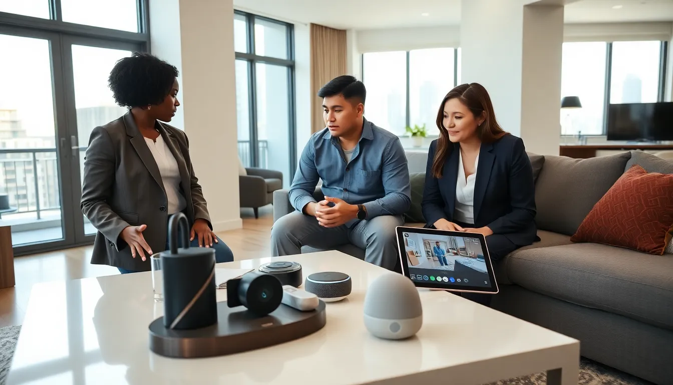 professionals discussing smart home gadgets in a modern apartment.