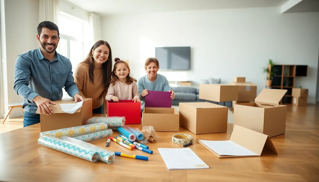 happy family organizing boxes on moving day in a bright living room.