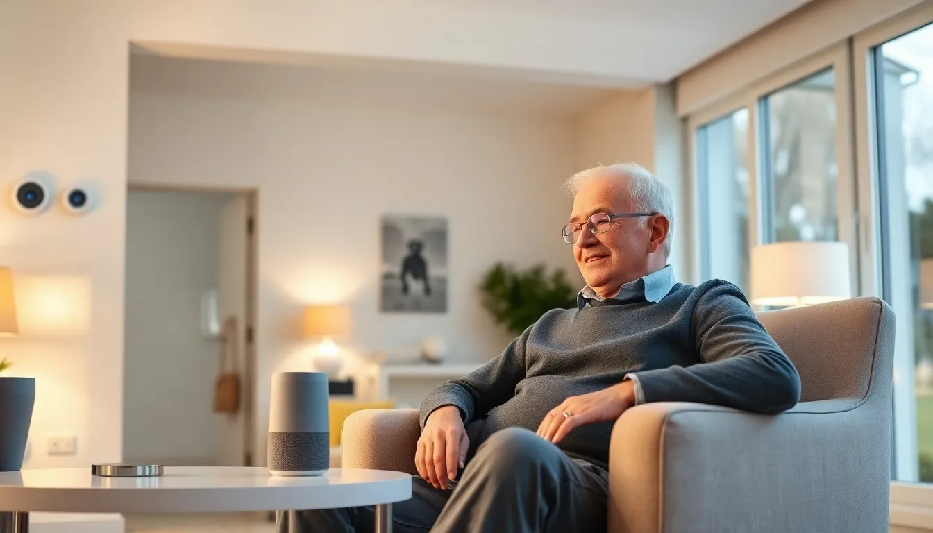 senior man interacting with a smart home device in a modern living room.